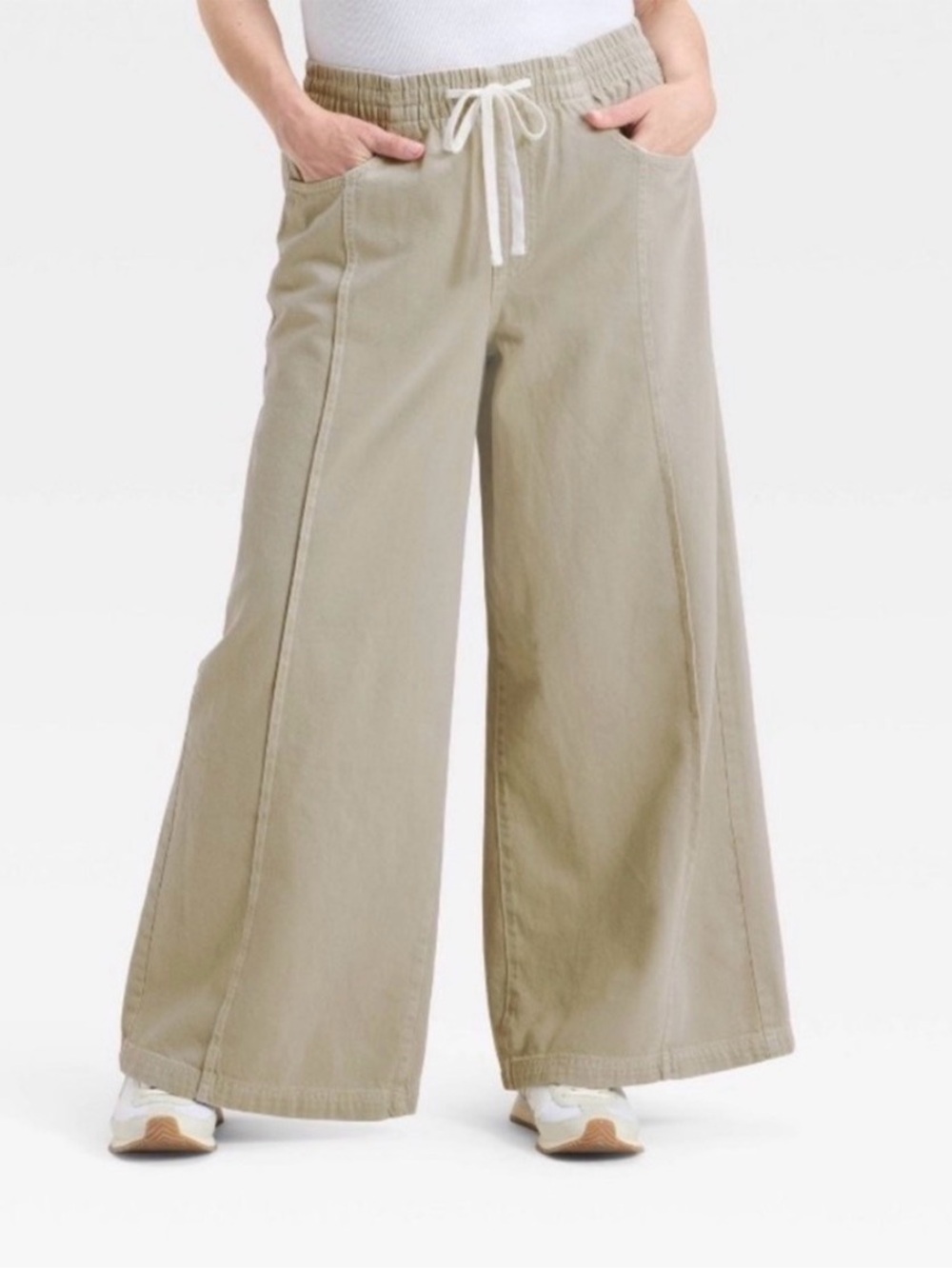 NWT Universal Thread Wide Leg Drawstring Waist Pull On Pants Khaki Green SZ L
